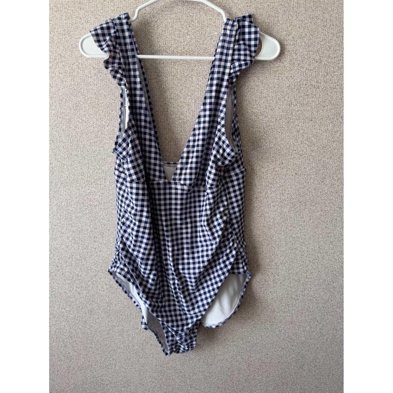 Kona Sol Womens Gingham Ruffle Deep V-Neck One Piece Swimsuit Navy Blue White Xl